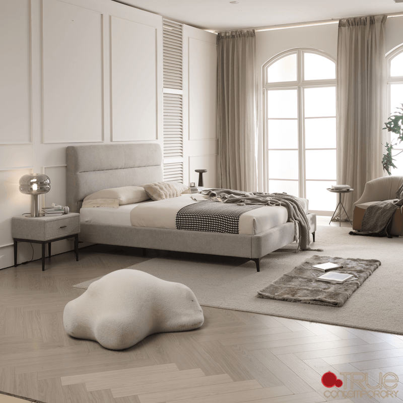 True Contemporary Bed Sutton Grey Fabric Platform Bed with Tufted Headboard - Available in 3 Sizes