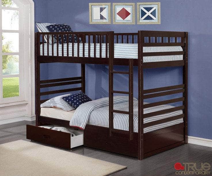 True Contemporary Bunk Bed Espresso Fraser Twin over Twin Bunk Bed with Storage Drawers and Solid Wood - Available in 3 Colours