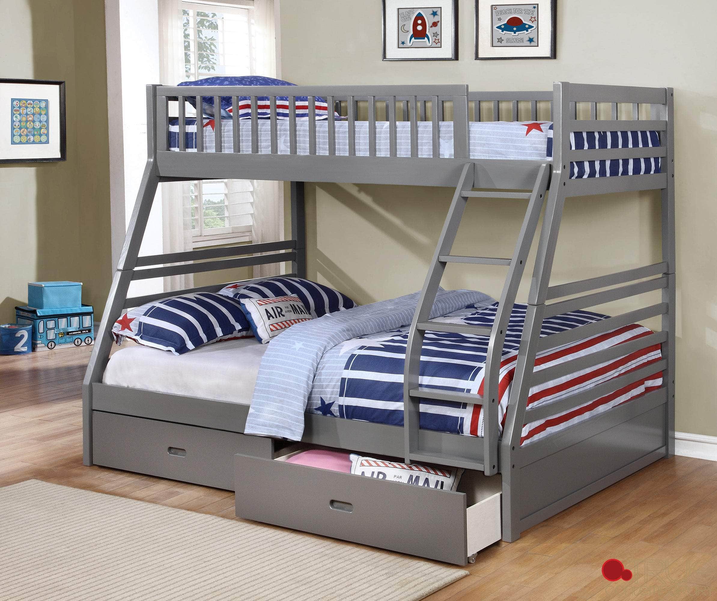 True Contemporary Bunk Bed Grey Fraser Twin over Full Bunk Bed with Storage Drawers and Solid Wood - Available in 3 Colours