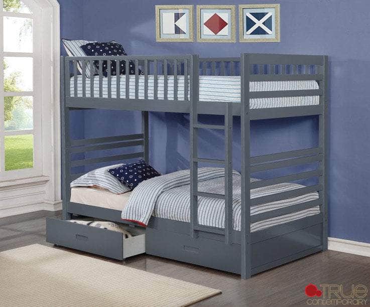 True Contemporary Bunk Bed Grey Fraser Twin over Twin Bunk Bed with Storage Drawers and Solid Wood - Available in 3 Colours