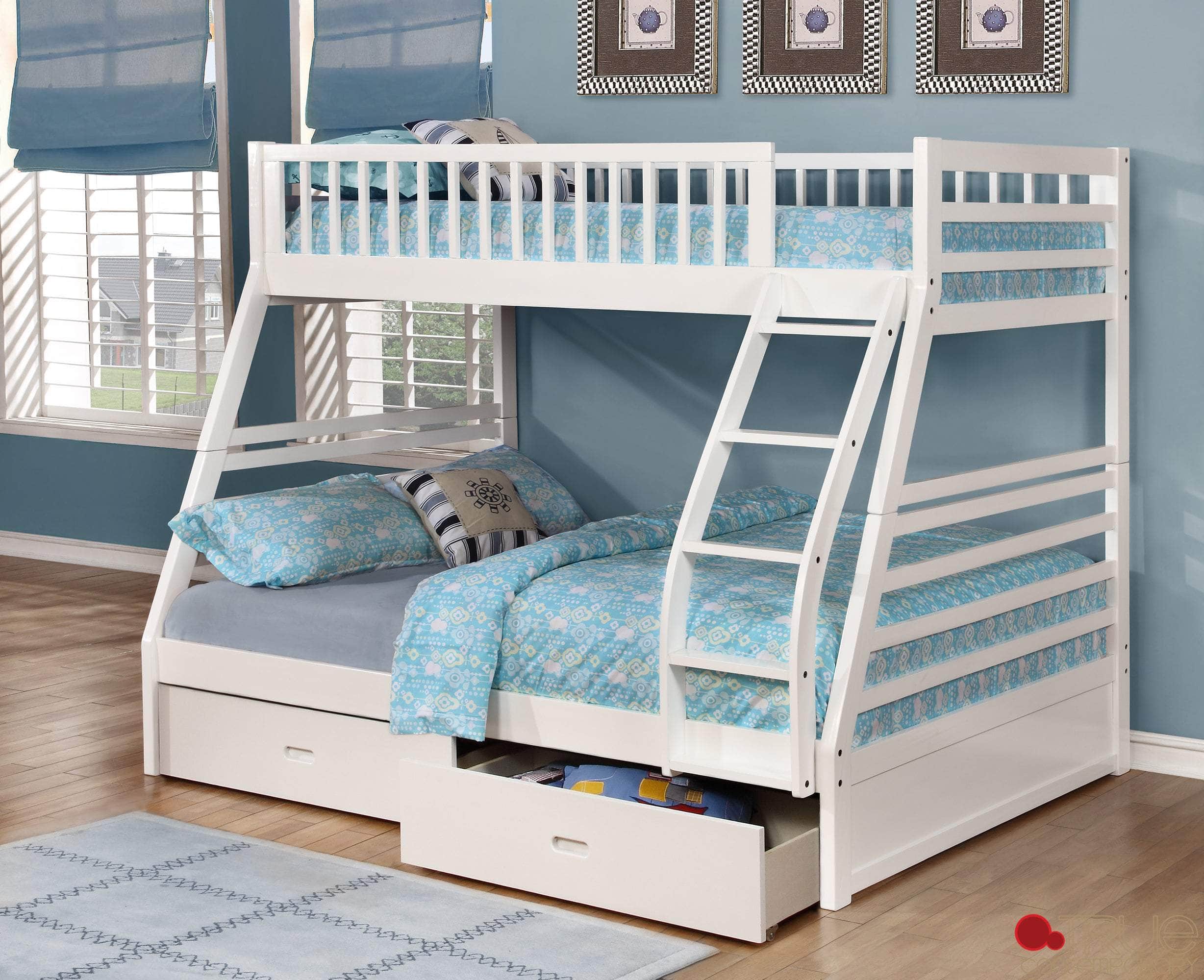True Contemporary Bunk Bed White Fraser Twin over Full Bunk Bed with Storage Drawers and Solid Wood - Available in 3 Colours