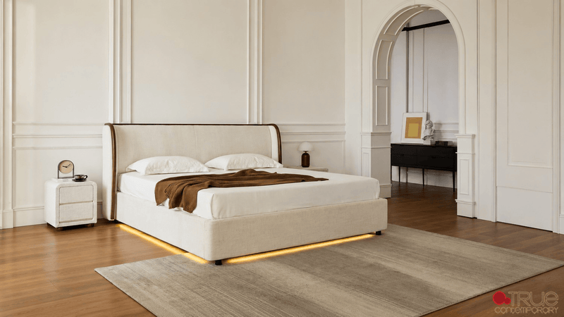 Lumen Beige Fabric Wingback Platform Bed with LED Lighting - Available in 3 Sizes