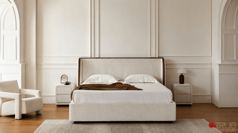 Lumen Beige Fabric Wingback Platform Bed with LED Lighting - Available in 3 Sizes