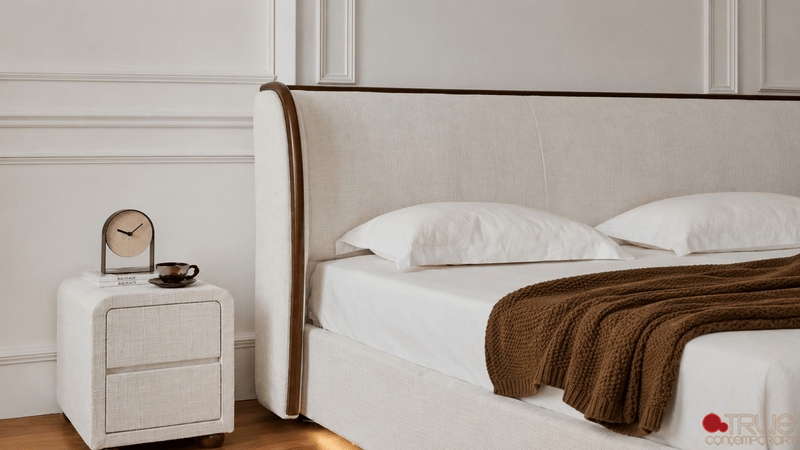 Lumen Beige Fabric Wingback Platform Bed with LED Lighting - Available in 3 Sizes