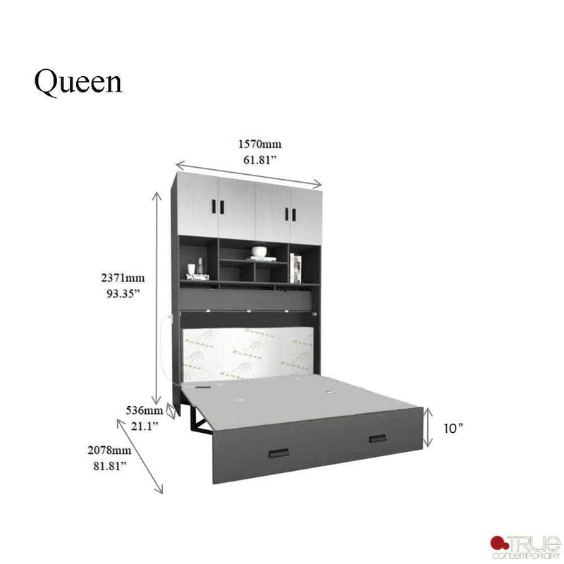 True Contemporary Murphy Cabinet Bed Hyde Light Grey and Dark Grey Murphy Cube Cabinet Bed with Folding Gel Memory Foam Mattress - Available in 4 Sizes