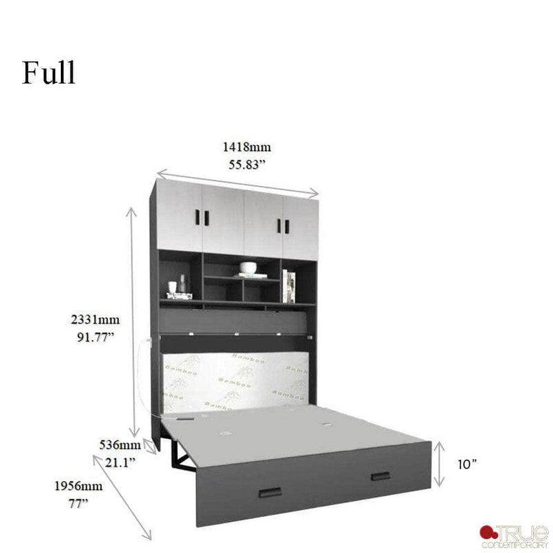 True Contemporary Murphy Cabinet Bed Hyde Light Grey and Dark Grey Murphy Cube Cabinet Bed with Folding Gel Memory Foam Mattress - Available in 4 Sizes