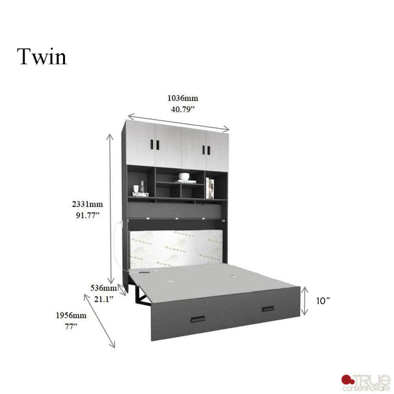 True Contemporary Murphy Cabinet Bed Hyde Light Grey and Dark Grey Murphy Cube Cabinet Bed with Folding Gel Memory Foam Mattress - Available in 4 Sizes