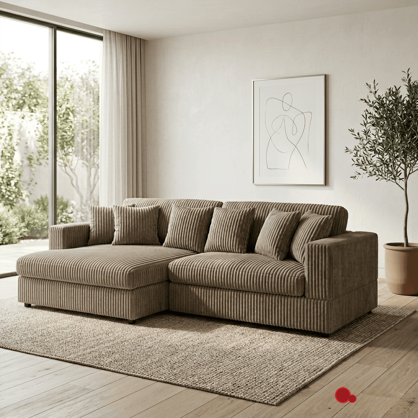 True Contemporary Ridgeway 105" Wide Small Sectional Sofa with Chaise in Minky Corduroy Fabric, image 1