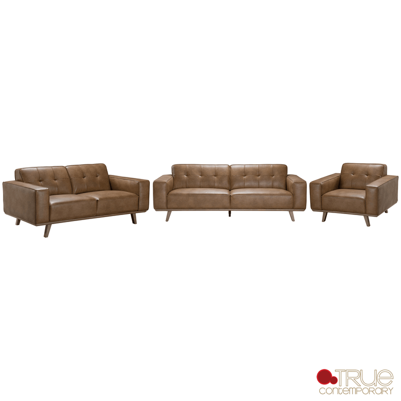 True Contemporary Sofa Set Sterling 3 Piece Tufted Sofa, Loveseat, and Chair Set in Premium Tan Faux Leather