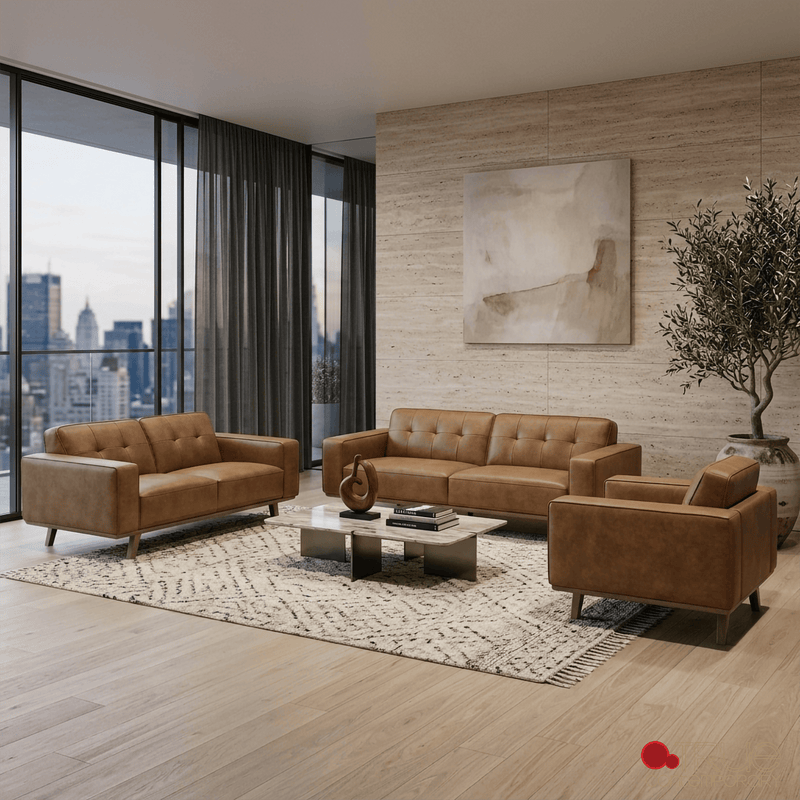 True Contemporary Sofa Set Sterling 3 Piece Tufted Sofa, Loveseat, and Chair Set in Premium Tan Faux Leather