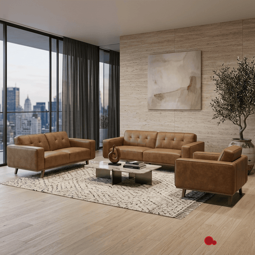 True Contemporary Sofa Set Sterling 3 Piece Tufted Sofa, Loveseat, and Chair Set in Premium Tan Faux Leather