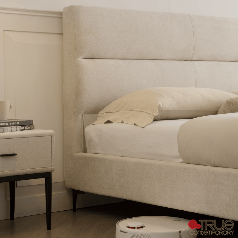 Sutton Beige Fabric Platform Bed with Tufted Headboard - Available in 3 Sizes