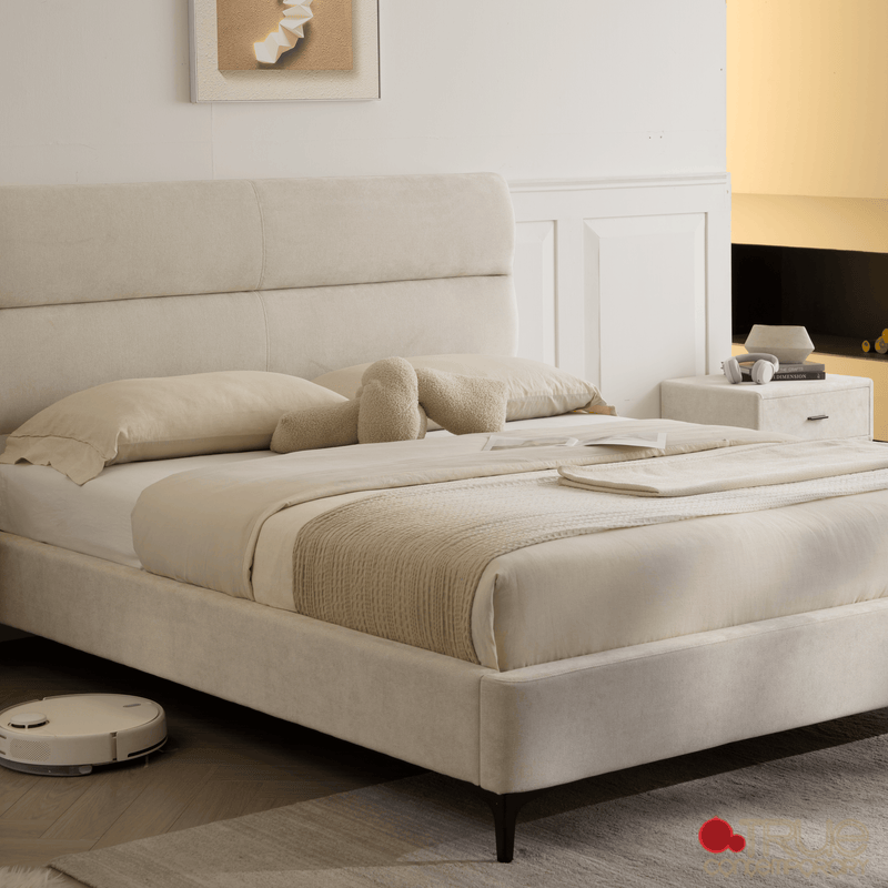 Sutton Beige Fabric Platform Bed with Tufted Headboard - Available in 3 Sizes