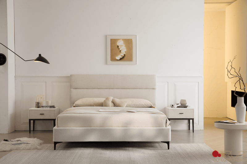 Sutton Beige Fabric Platform Bed with Tufted Headboard - Available in 3 Sizes
