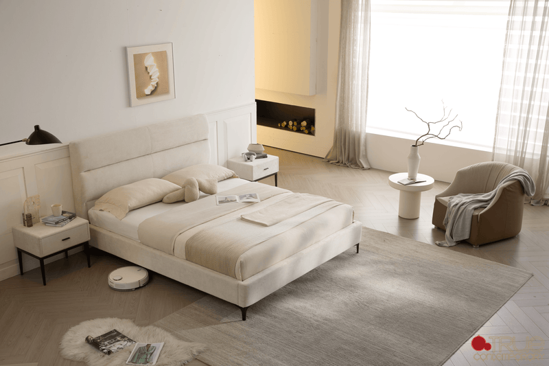 Sutton Beige Fabric Platform Bed with Tufted Headboard - Available in 3 Sizes