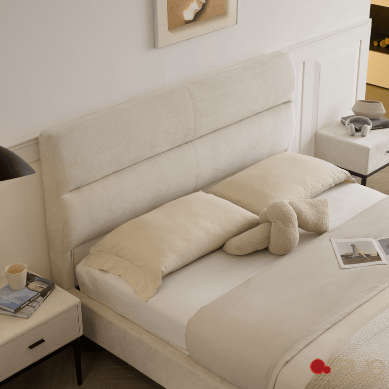 Sutton Beige Fabric Platform Bed with Tufted Headboard - Available in 3 Sizes