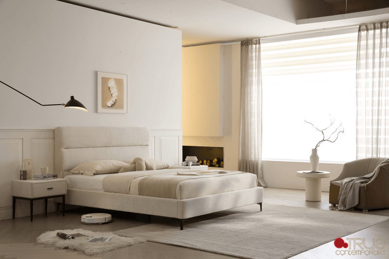 Sutton Beige Fabric Platform Bed with Tufted Headboard - Available in 3 Sizes