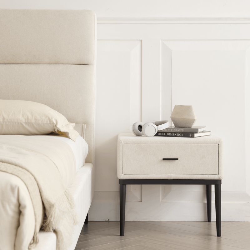 Sutton Beige Fabric Platform Bed with Tufted Headboard - Available in 3 Sizes