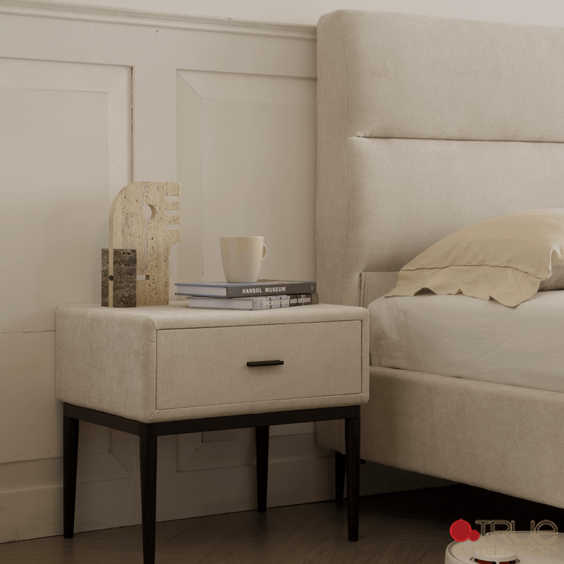 Sutton Beige Fabric Platform Bed with Tufted Headboard - Available in 3 Sizes