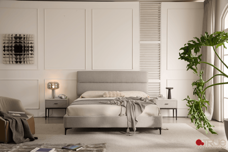 Sutton Grey Fabric Platform Bed with Tufted Headboard - Available in 3 Sizes