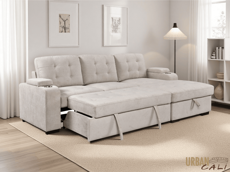 Urban Cali Sectional Avila 98.5" Wide Sleeper Sectional Sofa Bed with Cupholders and Storage Chaise - Available in 2 Colours