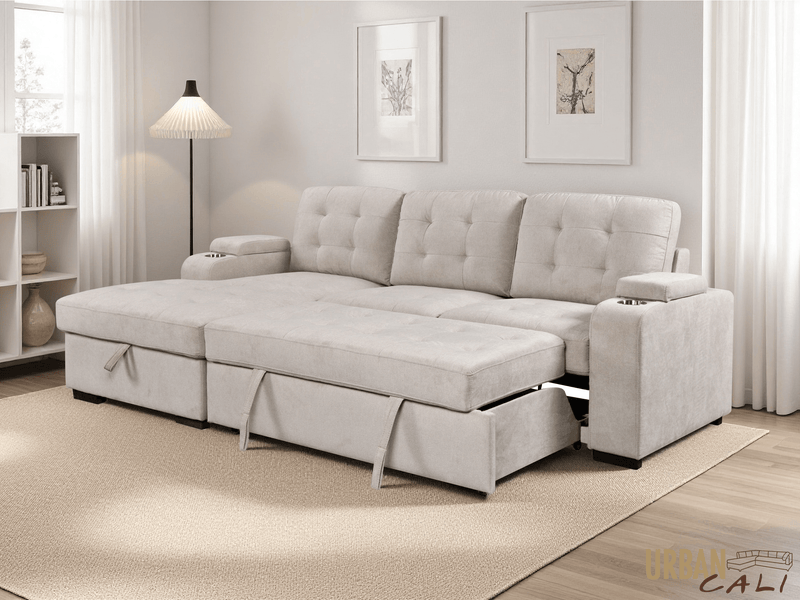 Urban Cali Sectional Avila 98.5" Wide Sleeper Sectional Sofa Bed with Cupholders and Storage Chaise - Available in 2 Colours