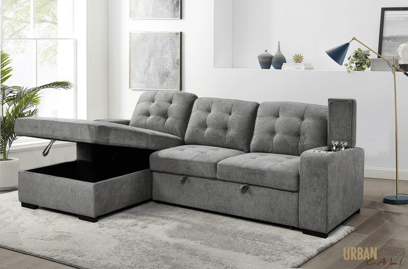 Urban Cali Sectional Avila 98.5" Wide Sleeper Sectional Sofa Bed with Cupholders and Storage Chaise in Ulani Ash