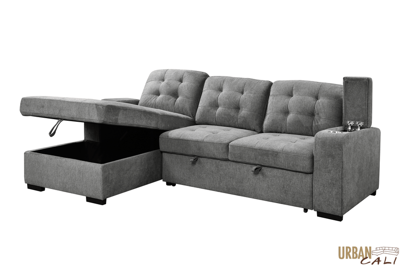 Urban Cali Sectional Avila 98.5" Wide Sleeper Sectional Sofa Bed with Cupholders and Storage Chaise in Ulani Ash