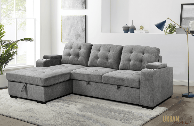 Urban Cali Sectional Avila 98.5" Wide Sleeper Sectional Sofa Bed with Cupholders and Storage Chaise in Ulani Ash