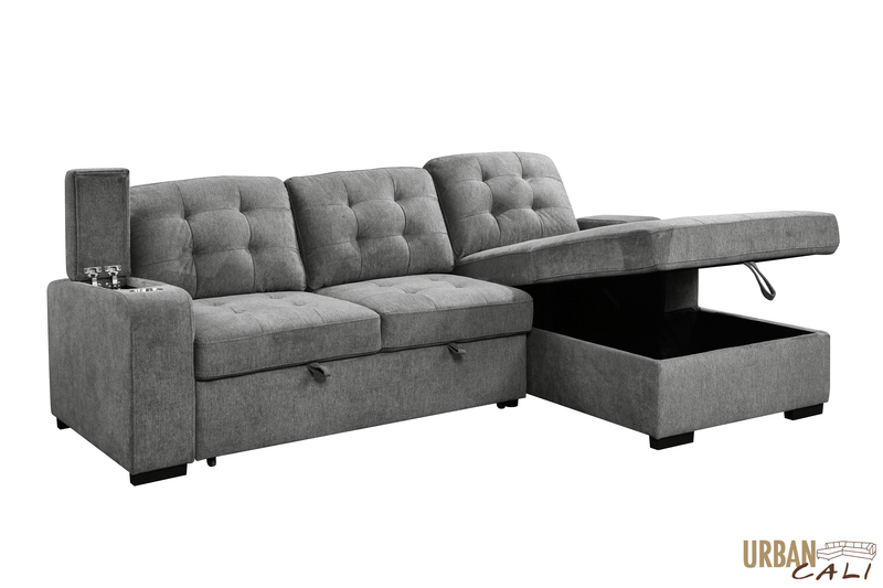 Urban Cali Sectional Avila 98.5" Wide Sleeper Sectional Sofa Bed with Cupholders and Storage Chaise in Ulani Ash