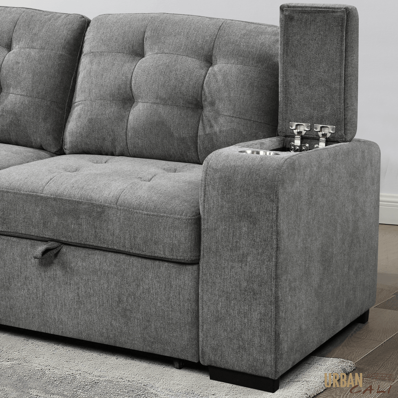 Urban Cali Sectional Avila 98.5" Wide Sleeper Sectional Sofa Bed with Cupholders and Storage Chaise in Ulani Ash