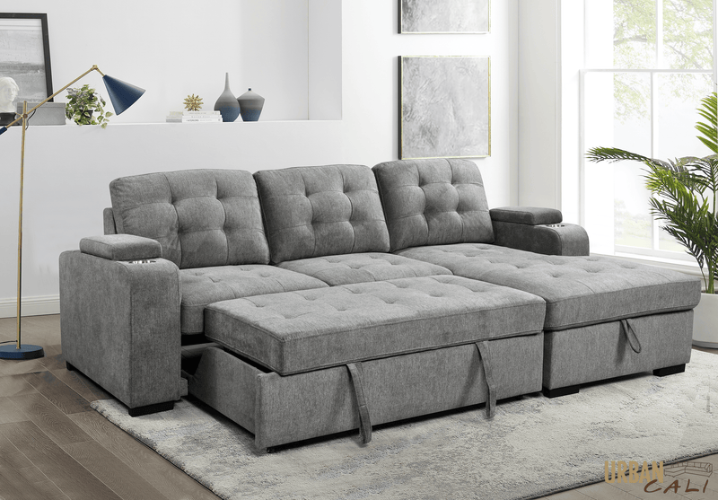 Urban Cali Sectional Avila 98.5" Wide Sleeper Sectional Sofa Bed with Cupholders and Storage Chaise in Ulani Ash