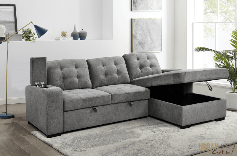 Urban Cali Sectional Avila 98.5" Wide Sleeper Sectional Sofa Bed with Cupholders and Storage Chaise in Ulani Ash