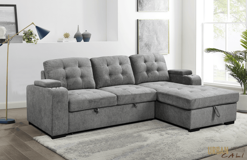 Urban Cali Sectional Avila 98.5" Wide Sleeper Sectional Sofa Bed with Cupholders and Storage Chaise in Ulani Ash