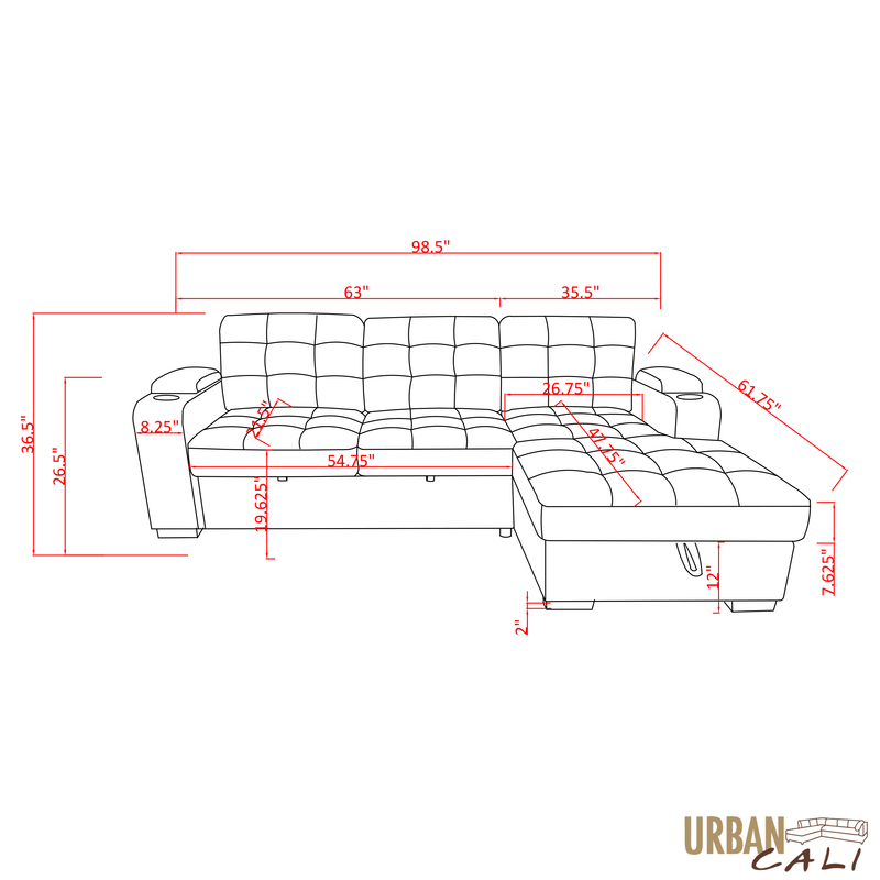 Urban Cali Sectional Avila 98.5" Wide Sleeper Sectional Sofa Bed with Cupholders and Storage Chaise in Ulani Ash