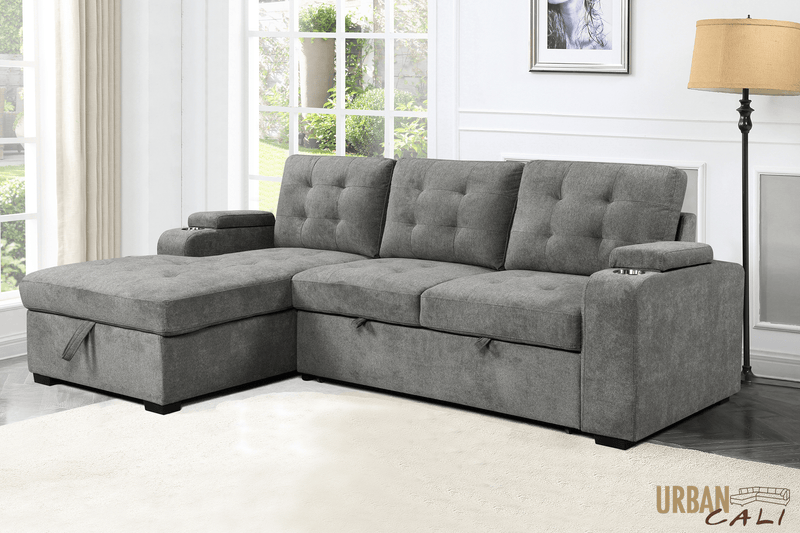 Urban Cali Sectional Avila 98.5" Wide Sleeper Sectional Sofa Bed with Cupholders and Storage Chaise in Ulani Ash