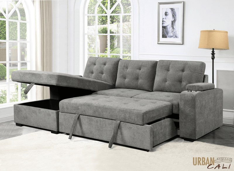 Urban Cali Sectional Avila 98.5" Wide Sleeper Sectional Sofa Bed with Cupholders and Storage Chaise in Ulani Ash