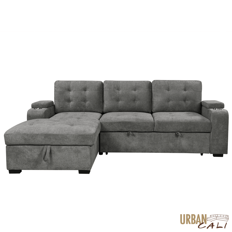Urban Cali Sectional Avila 98.5" Wide Sleeper Sectional Sofa Bed with Cupholders and Storage Chaise in Ulani Ash