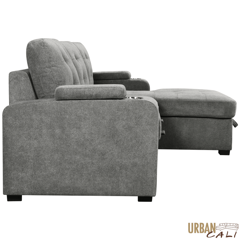 Urban Cali Sectional Avila 98.5" Wide Sleeper Sectional Sofa Bed with Cupholders and Storage Chaise in Ulani Ash