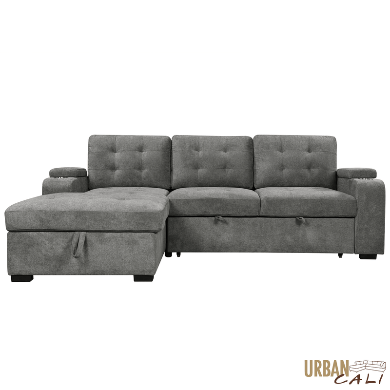 Urban Cali Sectional Avila 98.5" Wide Sleeper Sectional Sofa Bed with Cupholders and Storage Chaise in Ulani Ash