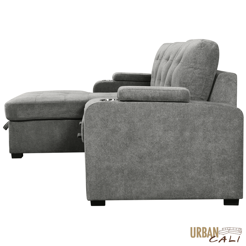 Urban Cali Sectional Avila 98.5" Wide Sleeper Sectional Sofa Bed with Cupholders and Storage Chaise in Ulani Ash