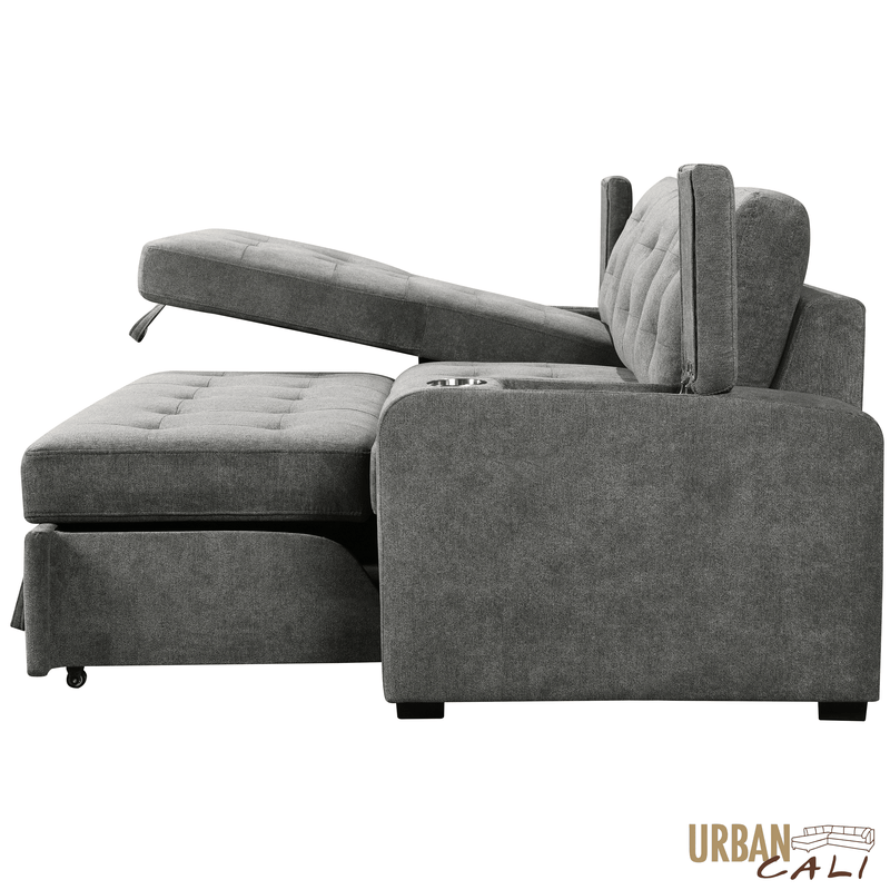 Urban Cali Sectional Avila 98.5" Wide Sleeper Sectional Sofa Bed with Cupholders and Storage Chaise in Ulani Ash