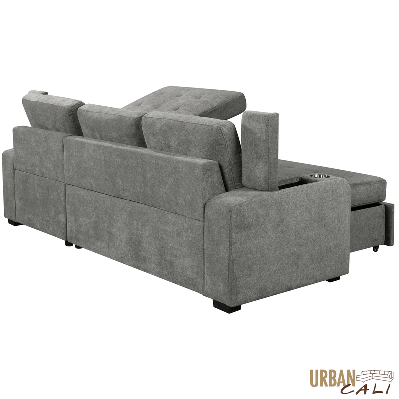 Urban Cali Sectional Avila 98.5" Wide Sleeper Sectional Sofa Bed with Cupholders and Storage Chaise in Ulani Ash