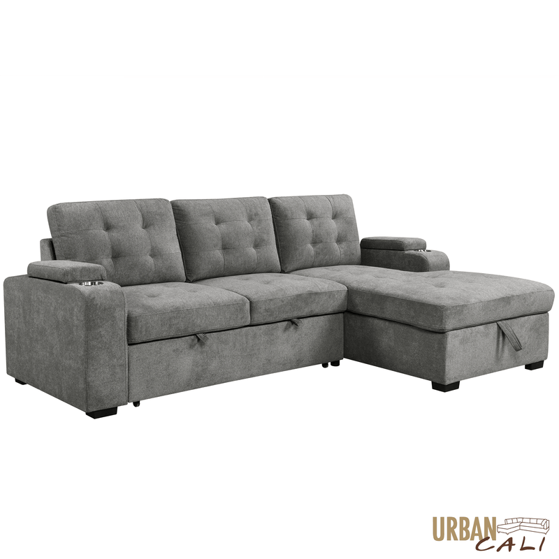 Urban Cali Sectional Avila 98.5" Wide Sleeper Sectional Sofa Bed with Cupholders and Storage Chaise in Ulani Ash