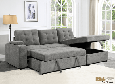 Urban Cali Sectional Avila 98.5" Wide Sleeper Sectional Sofa Bed with Cupholders and Storage Chaise in Ulani Ash
