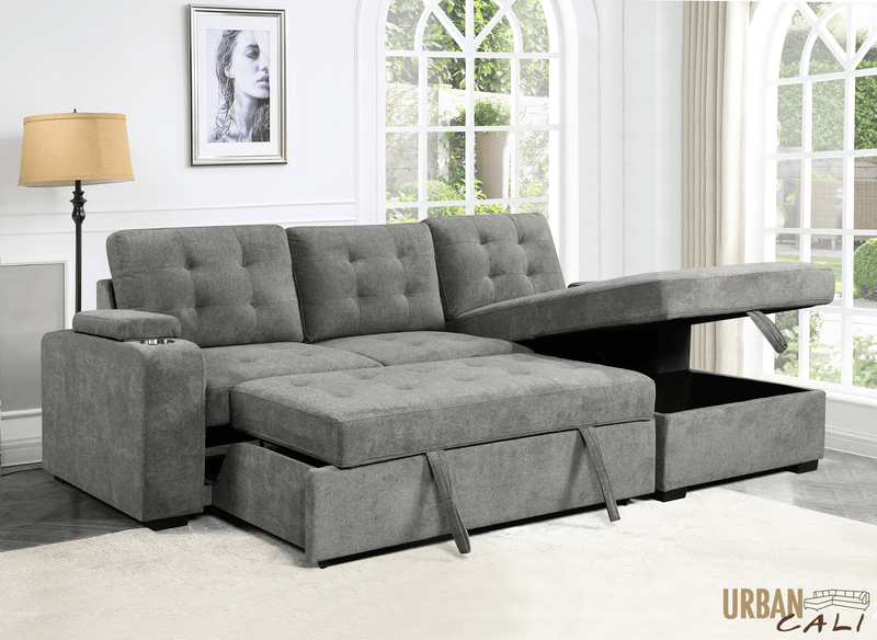 Urban Cali Sectional Avila 98.5" Wide Sleeper Sectional Sofa Bed with Cupholders and Storage Chaise in Ulani Ash