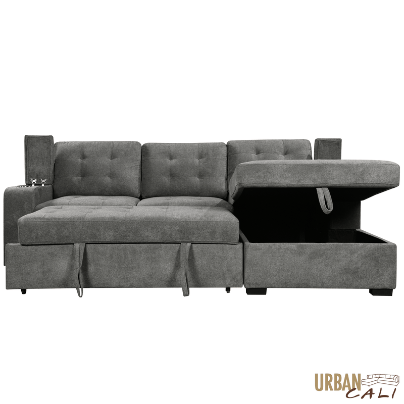 Urban Cali Sectional Avila 98.5" Wide Sleeper Sectional Sofa Bed with Cupholders and Storage Chaise in Ulani Ash