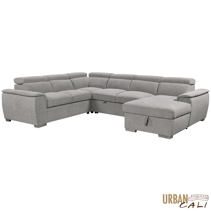 Urban Cali Sectional Bel Air 123.5" Wide Large Modular Sleeper Sectional Sofa Bed with Storage Chaise in Thora Stone