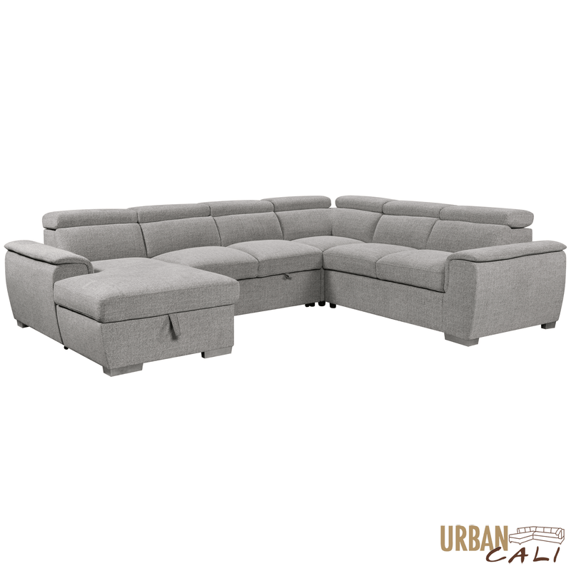 Urban Cali Sectional Bel Air 123.5" Wide Large Modular Sleeper Sectional Sofa Bed with Storage Chaise in Thora Stone