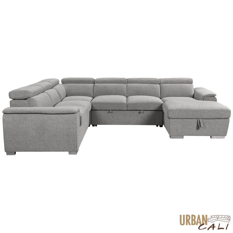 Urban Cali Sectional Bel Air 123.5" Wide Large Modular Sleeper Sectional Sofa Bed with Storage Chaise in Thora Stone